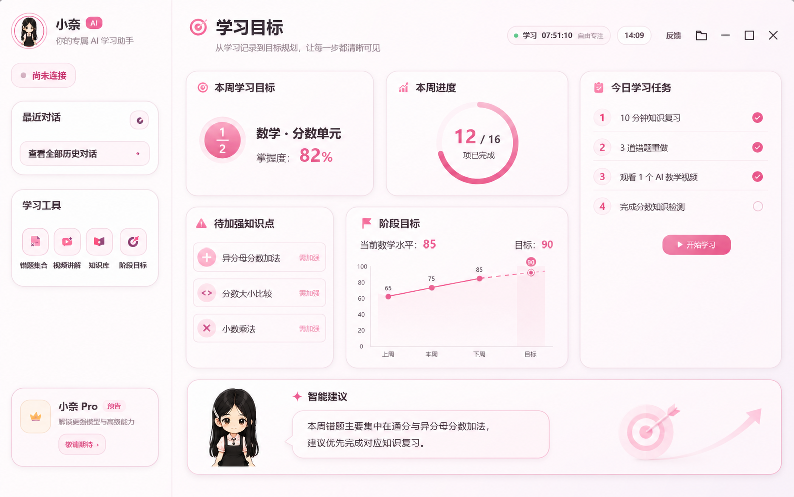 详细学习目标规划 Dashboard,展示本周目标、进度、今日任务、薄弱知识点、阶段目标与小奈智能建议